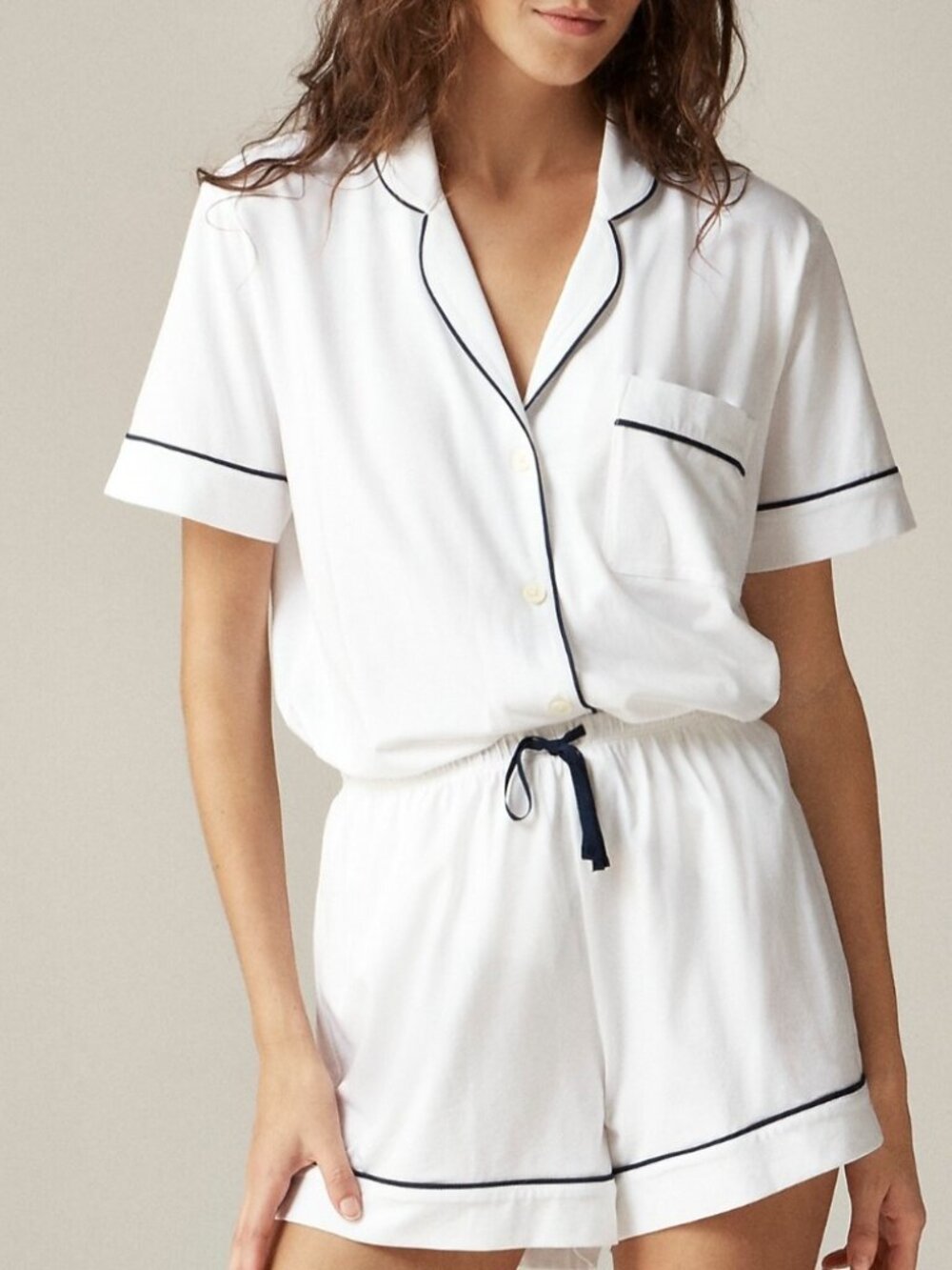 J.Crew Pajama Set Short Sleeve Button Down Shorts White Navy Piping XXL - Picture 15 of 16